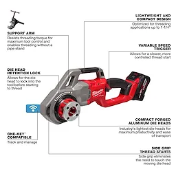 Image of the M18 FUEL™ Compact Pipe Threader with ONE-KEY™ with 1/2" - 1-1/4" Compact NPT Forged Aluminum Die Heads. Features include support arm, die head retention lock, ONE-KEY™ compatibility, lightweight design, variable speed trigger, compact die heads, and side grip.