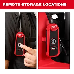 The M18 FUEL™ 3-in-1 Backpack Vacuum features a red and black remote control with a large power button and mode switch. The control is shown being worn on a shoulder strap and stored on the vacuum unit.