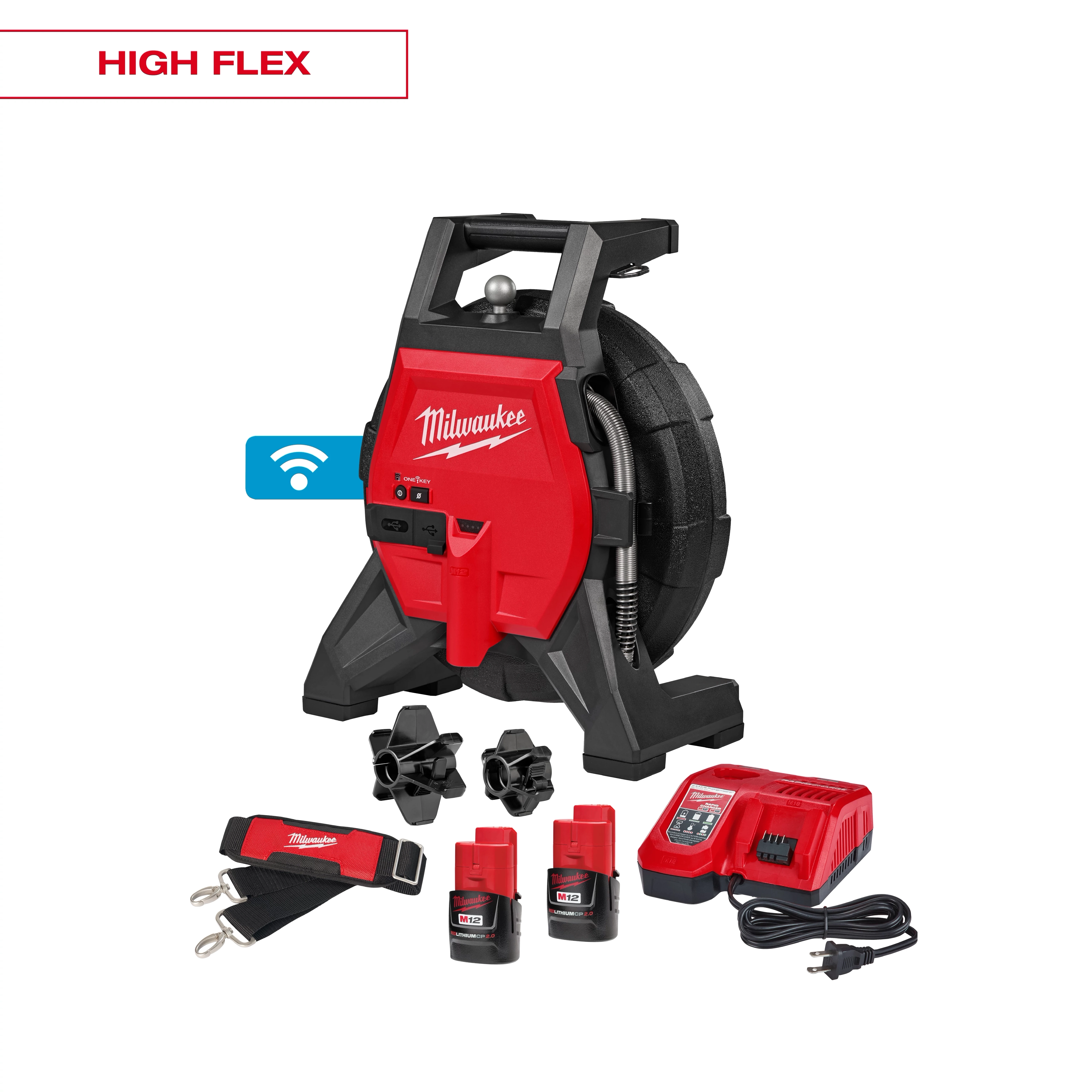 The image shows the M12™ 65’ Ultra Flex Compact Inspection Camera Kit, which includes a red and black camera system, two M12 batteries, a charger, a strap, and additional accessories, with "High Flex" text and a Wi-Fi symbol above the kit.