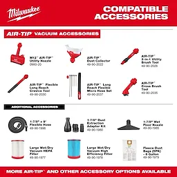 NEXUS™ Vacuum Program includes Milwaukee AIR-TIP™ vacuum accessories such as utility nozzle, dust collector, brush tools, flexible crevice tool, micro hose set, and cross brush tool, alongside additional accessories like flexible hoses, adapter kits, HEPA filters, wet/dry filters, and fleece dust bags.