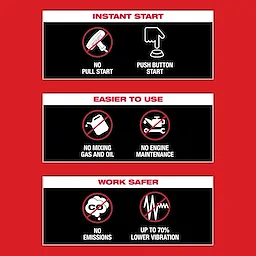 Red and black infographic with text about benefits: Instant Start, Easier to Use, and Work Safer.