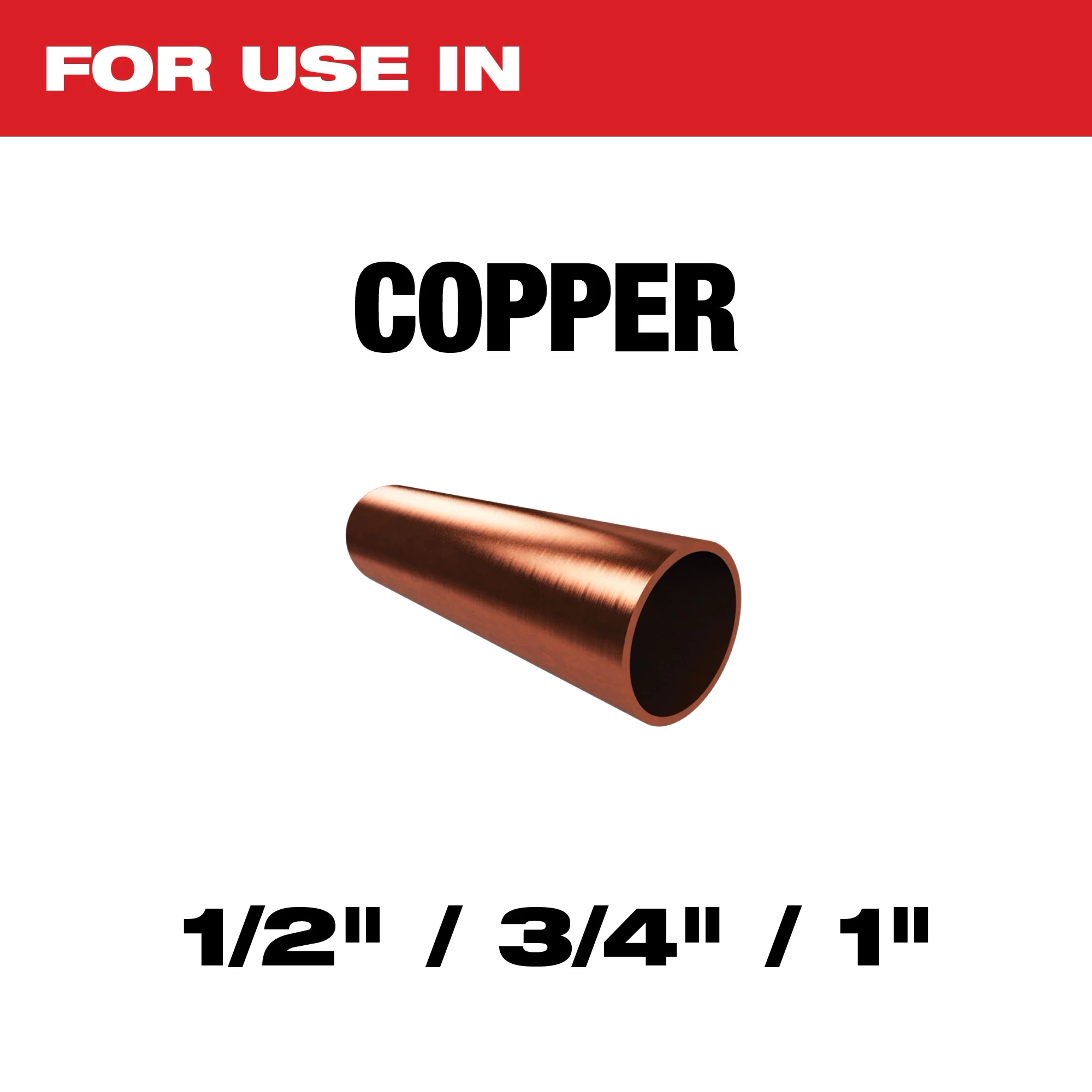 Copper pipe fittings for use in plumbing. Available in three sizes: 1/2 inch, 3/4 inch, and 1 inch. Displayed against a white background with a red header.