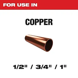 Copper pipe fittings for use in plumbing. Available in three sizes: 1/2 inch, 3/4 inch, and 1 inch. Displayed against a white background with a red header.
