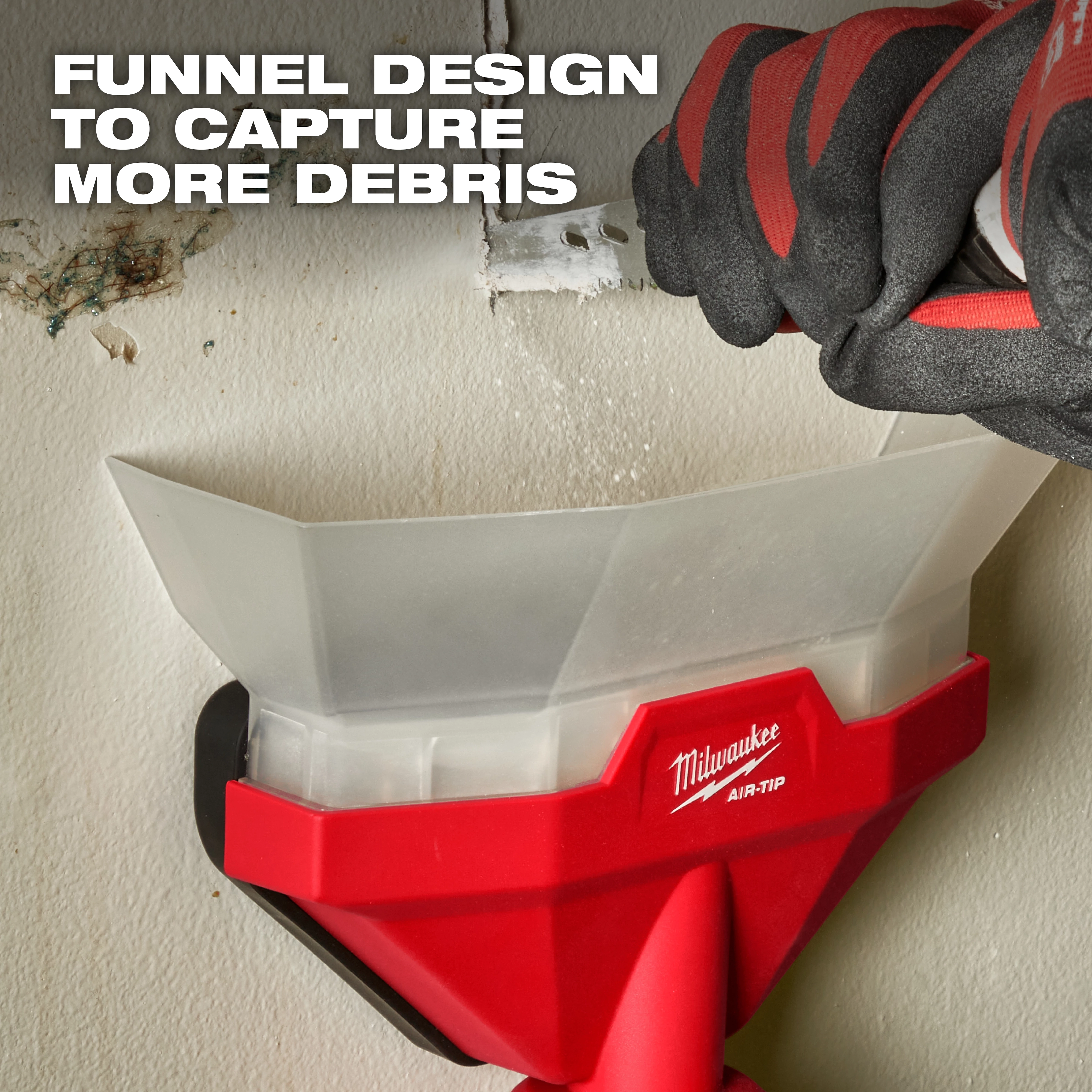 A person wearing gloves is using a Milwaukee AIR-TIP™ Dust Collector with a funnel design, attached to a surface to capture debris. The text "Funnel design to capture more debris" is displayed in the upper left corner.