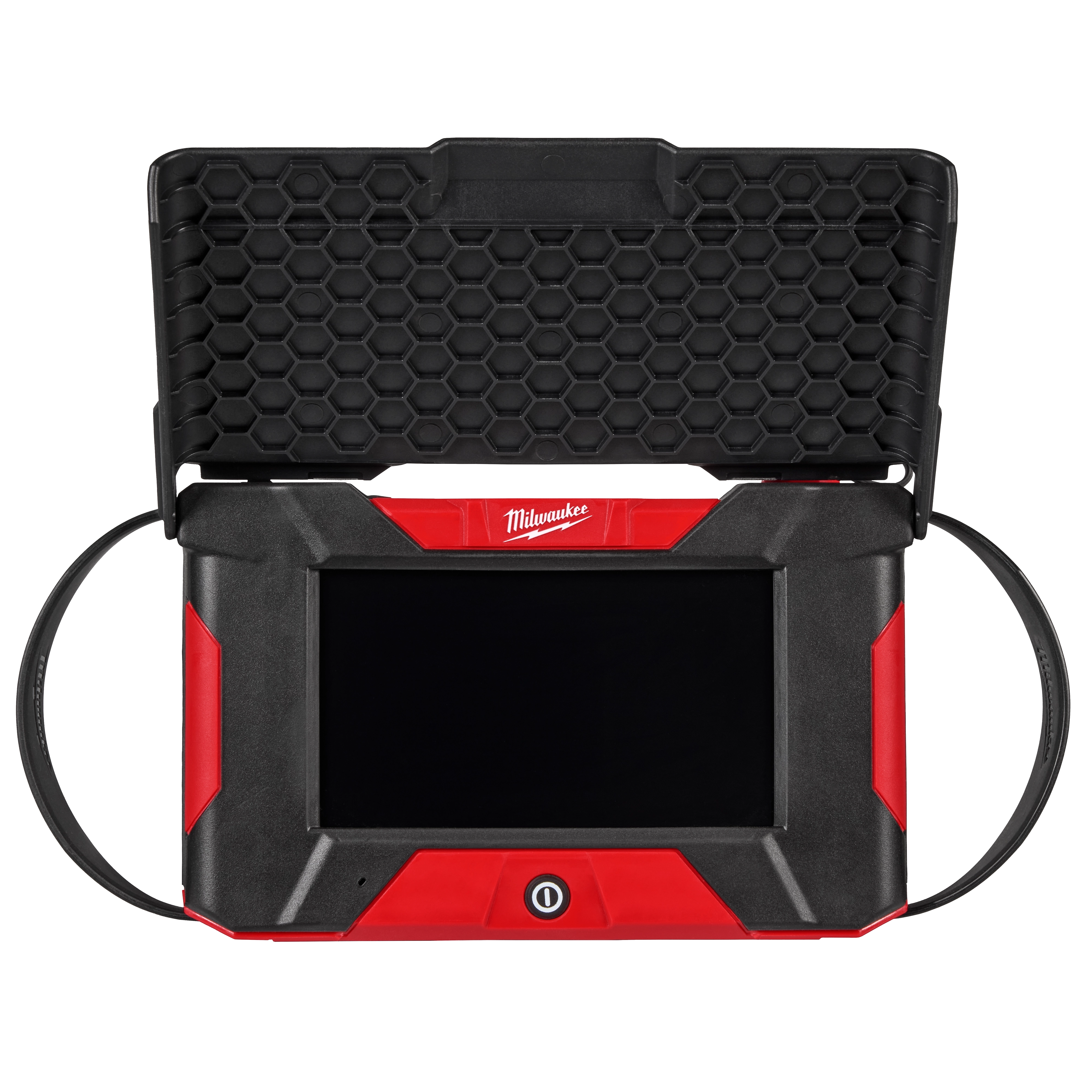 The image shows an M12™ Wireless Monitor. It has a black screen with a red and black protective casing. A textured black cover, featuring a honeycomb pattern, is partially opened above the screen. The Milwaukee logo is visible above the screen.