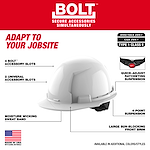 The image features a BOLT™ White Front Brim Hard Hat with 4-point ratcheting suspension. Key features include 4 BOLT™ accessory slots, 2 universal accessory slots, moisture-wicking sweatband, large sun-blocking front brim, and quick-adjust ratcheting suspension. It complies with ANSI/ISEA Z89.1, CSA Z94.1, Type 1, Class E standards. The text highlights the hard hat’s adaptability and availability in different colors/styles. An American flag indicates it is made in the USA with global materials.