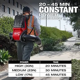 A person is using the MX FUEL™ Backpack Blower on a sidewalk. The backpack blower offers constant power for 20-45 minutes per charge, depending on the power setting: high (20 minutes), medium (30 minutes), or low (45 minutes).