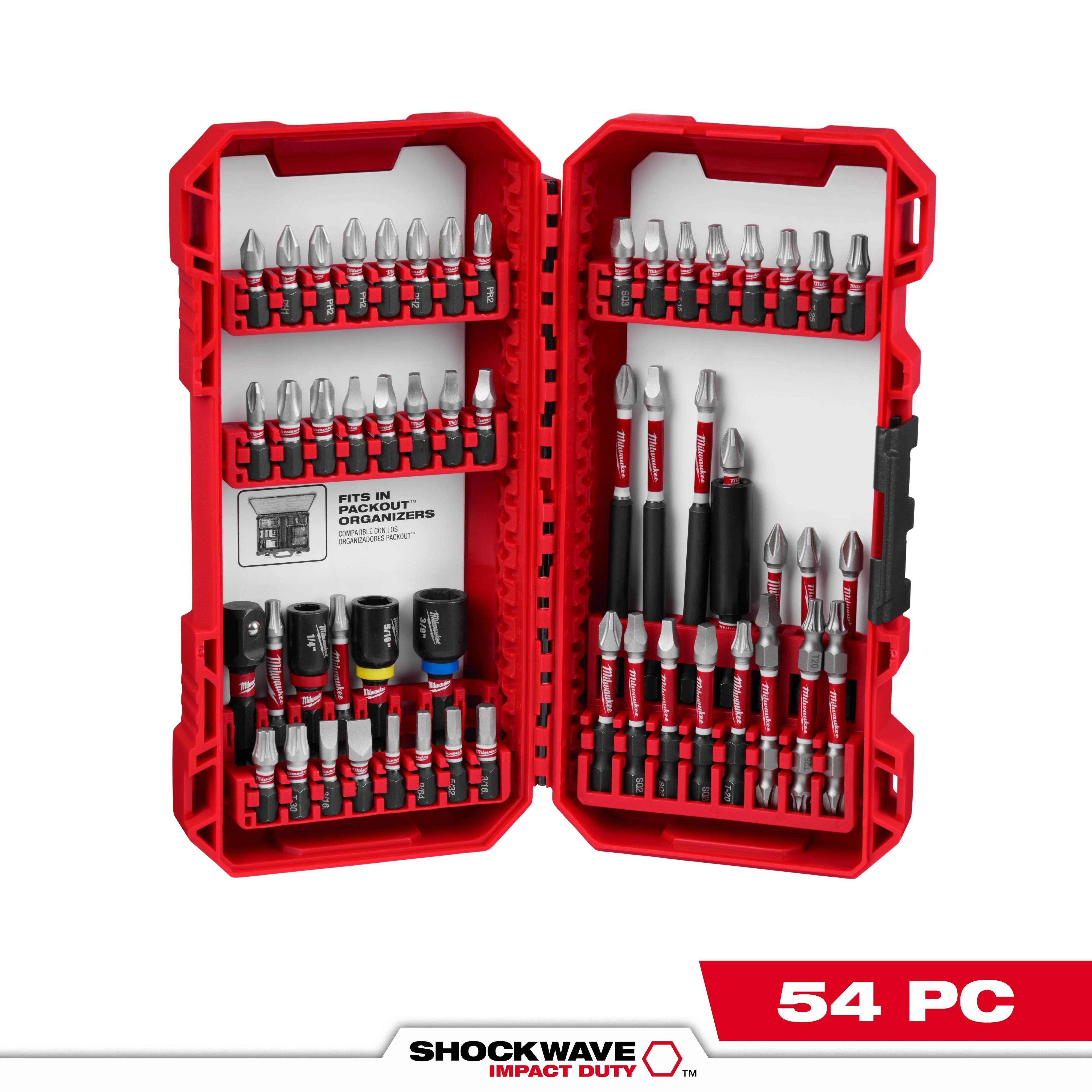 The image features the SHOCKWAVE™ Impact Duty Driver Bit Set - 54PC, displayed in a red plastic case. It contains various driver bits and socket adapters, neatly organized in rows on each side of the open case. The set is designed for heavy-duty impact applications.