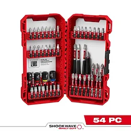 The image features the SHOCKWAVE™ Impact Duty Driver Bit Set - 54PC, displayed in a red plastic case. It contains various driver bits and socket adapters, neatly organized in rows on each side of the open case. The set is designed for heavy-duty impact applications.