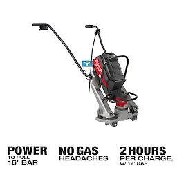 The image shows an MX FUEL™ Vibratory Screed with handlebar, motor unit, and base. Text reads "POWER TO PULL 16' BAR," "NO GAS HEADACHES," and "2 HOURS PER CHARGE, w/ 12' BAR."