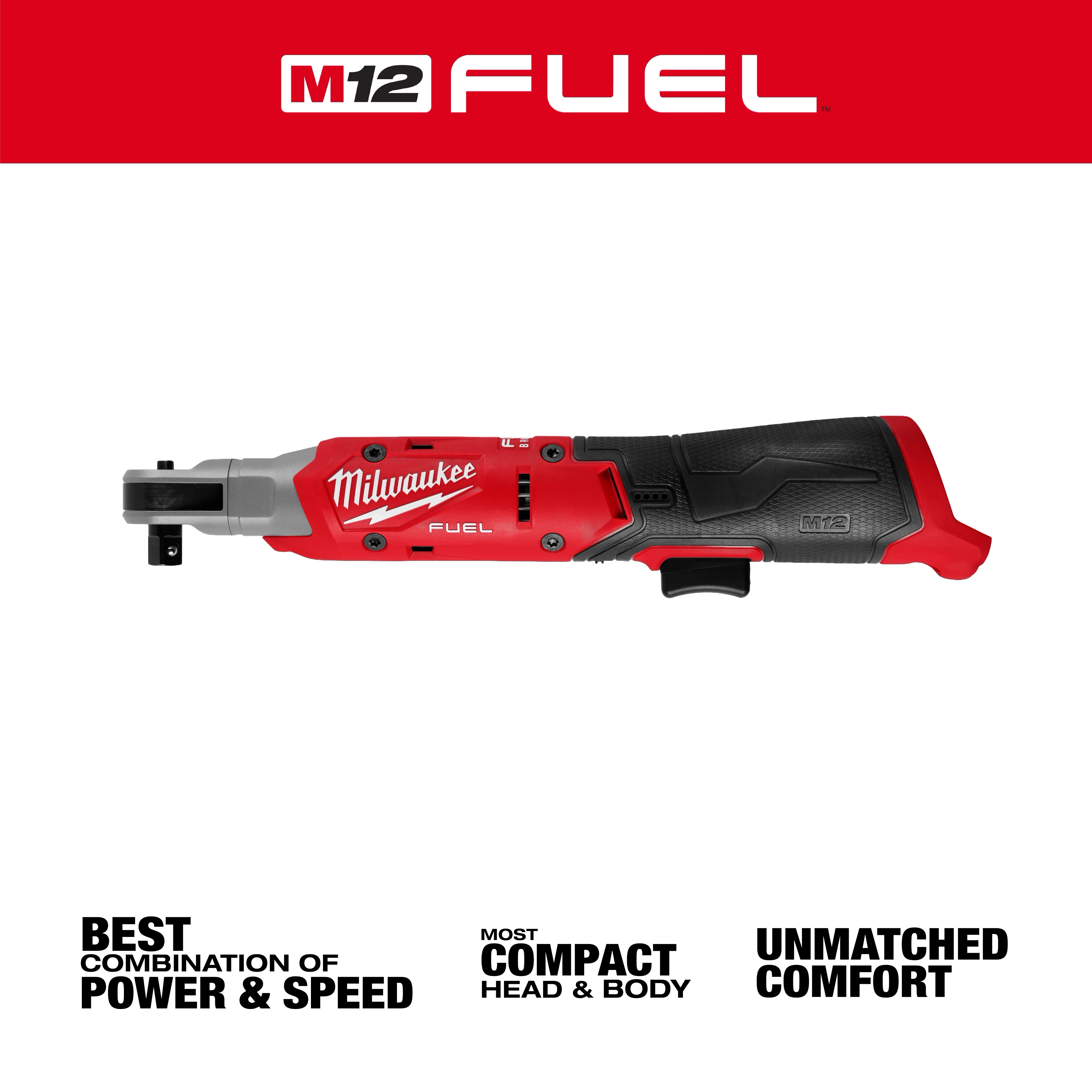 The M12 FUEL™ 3/8" Ratchet features a red and black handle with Milwaukee branding. It is designed for power and speed, boasting a compact head and body for maneuverability and unmatched comfort during use. It is positioned below the M12 FUEL logo and bold text highlights its key features.