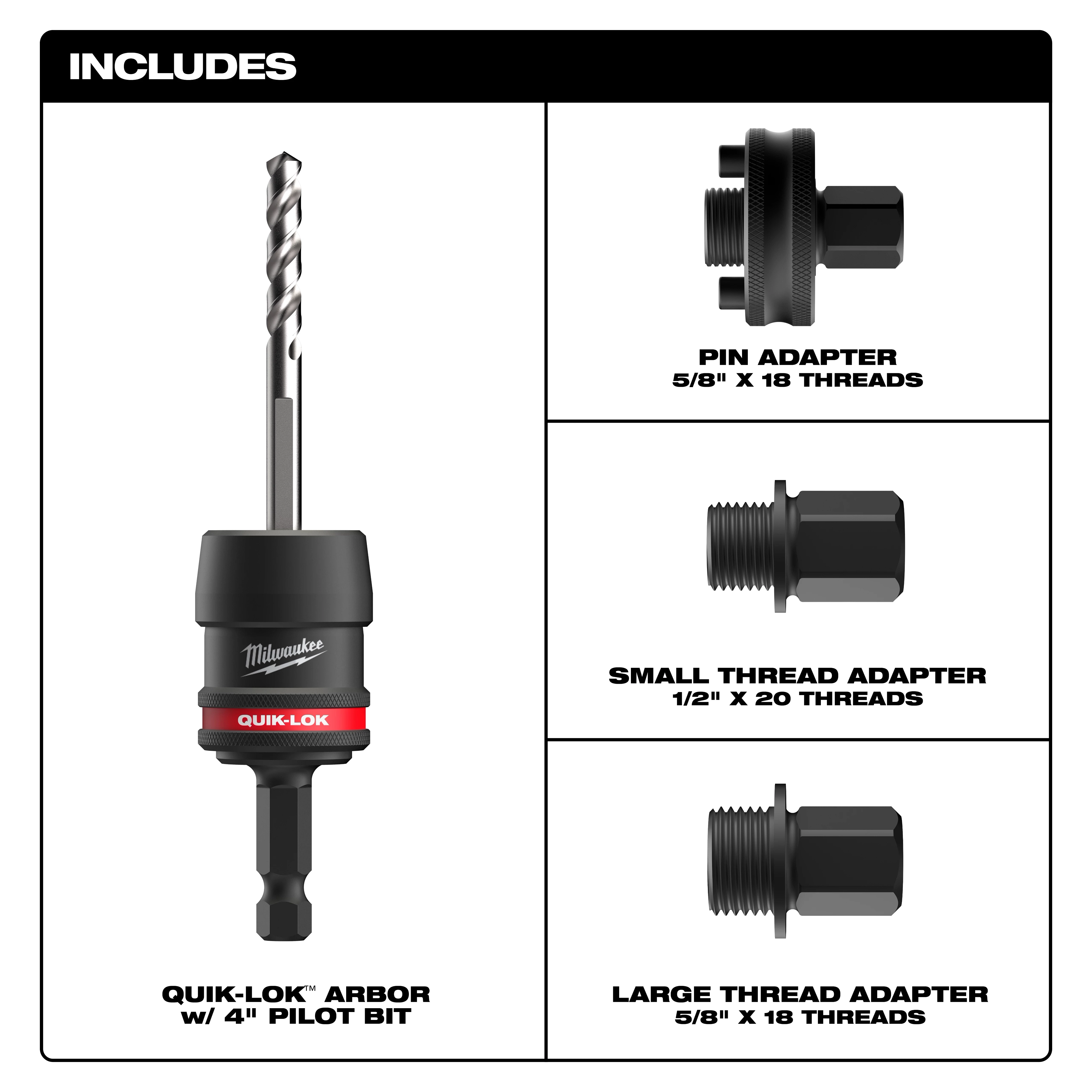 5PC 3/8" QUIK-LOK™ Arbor Set includes a QUIK-LOK™ arbor with 4" pilot bit, a pin adapter, a small thread adapter, and a large thread adapter. The illustrations show various thread sizes: 5/8" x 18 and 1/2" x 20 threads.