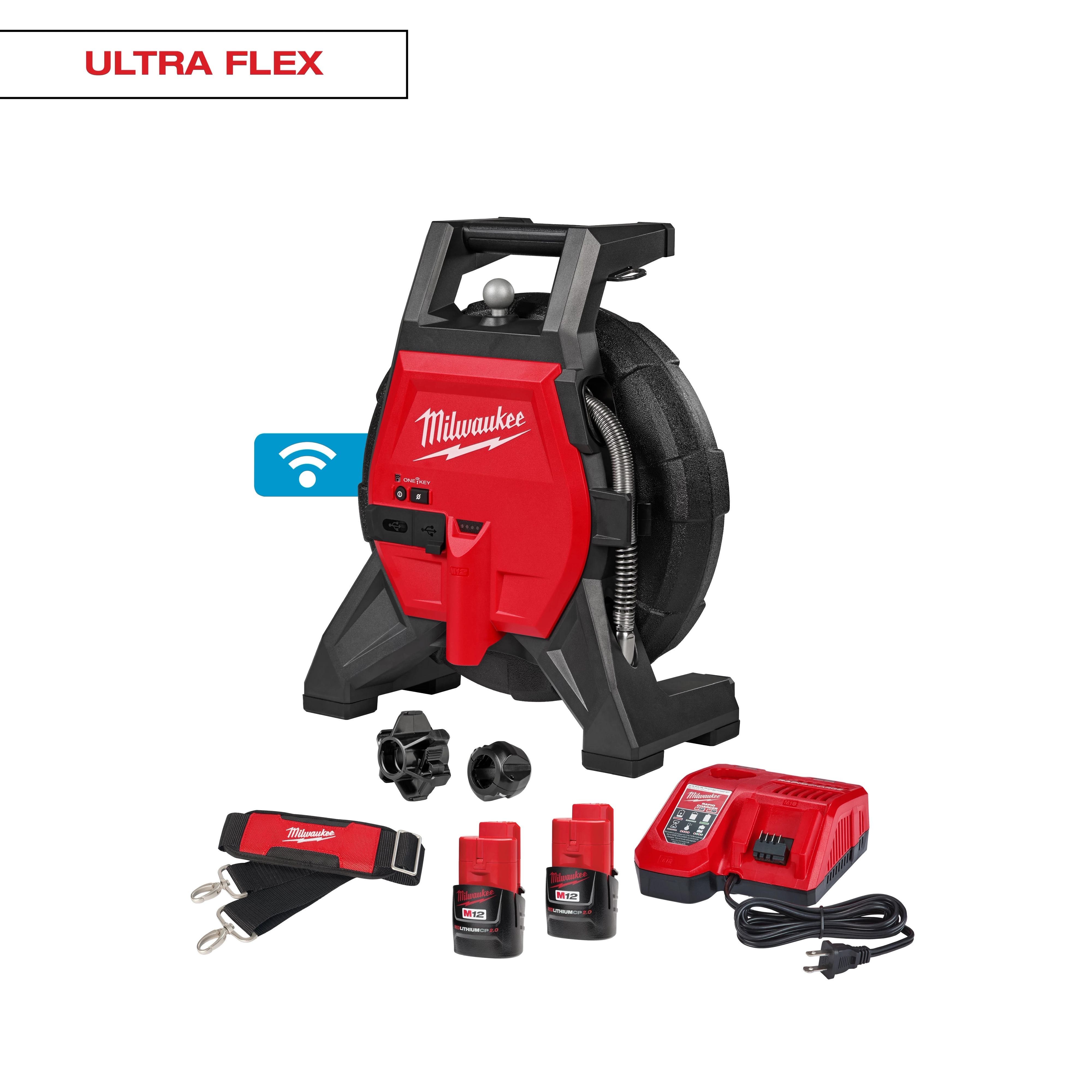 The image shows the M12™ 65’ Ultra Flex Compact Inspection Camera Kit, which includes a red and black inspection camera, battery charger, two batteries, strap, and accessories.