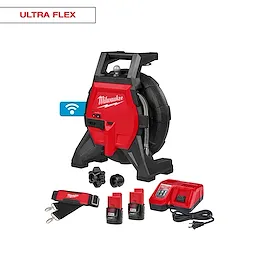 The image shows the M12™ 65’ Ultra Flex Compact Inspection Camera Kit, which includes a red and black inspection camera, battery charger, two batteries, strap, and accessories.