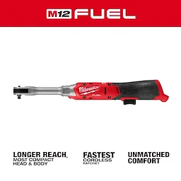 M12 FUEL 1/4" Extended Reach Ratchet cordless tool centered on a white background with text below.