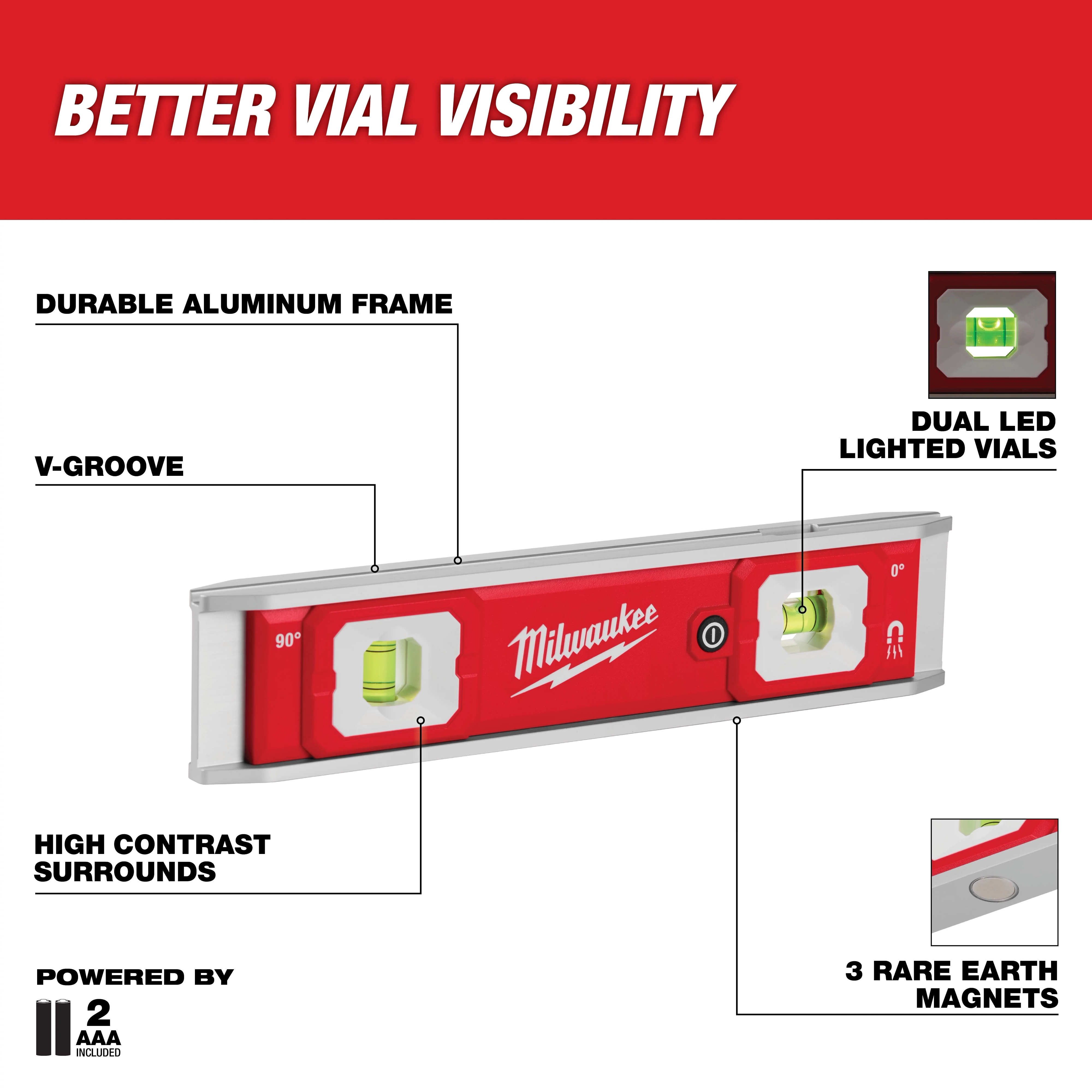 The image shows a 9" Torpedo Level with Lighted Vials by Milwaukee. Features include a durable aluminum frame, V-groove for pipes, high-contrast surrounds, dual LED lighted vials, and three rare earth magnets. It is powered by two AAA batteries. Text reads “Better Vial Visibility.”