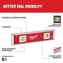 The image shows a 9" Torpedo Level with Lighted Vials by Milwaukee. Features include a durable aluminum frame, V-groove for pipes, high-contrast surrounds, dual LED lighted vials, and three rare earth magnets. It is powered by two AAA batteries. Text reads “Better Vial Visibility.”