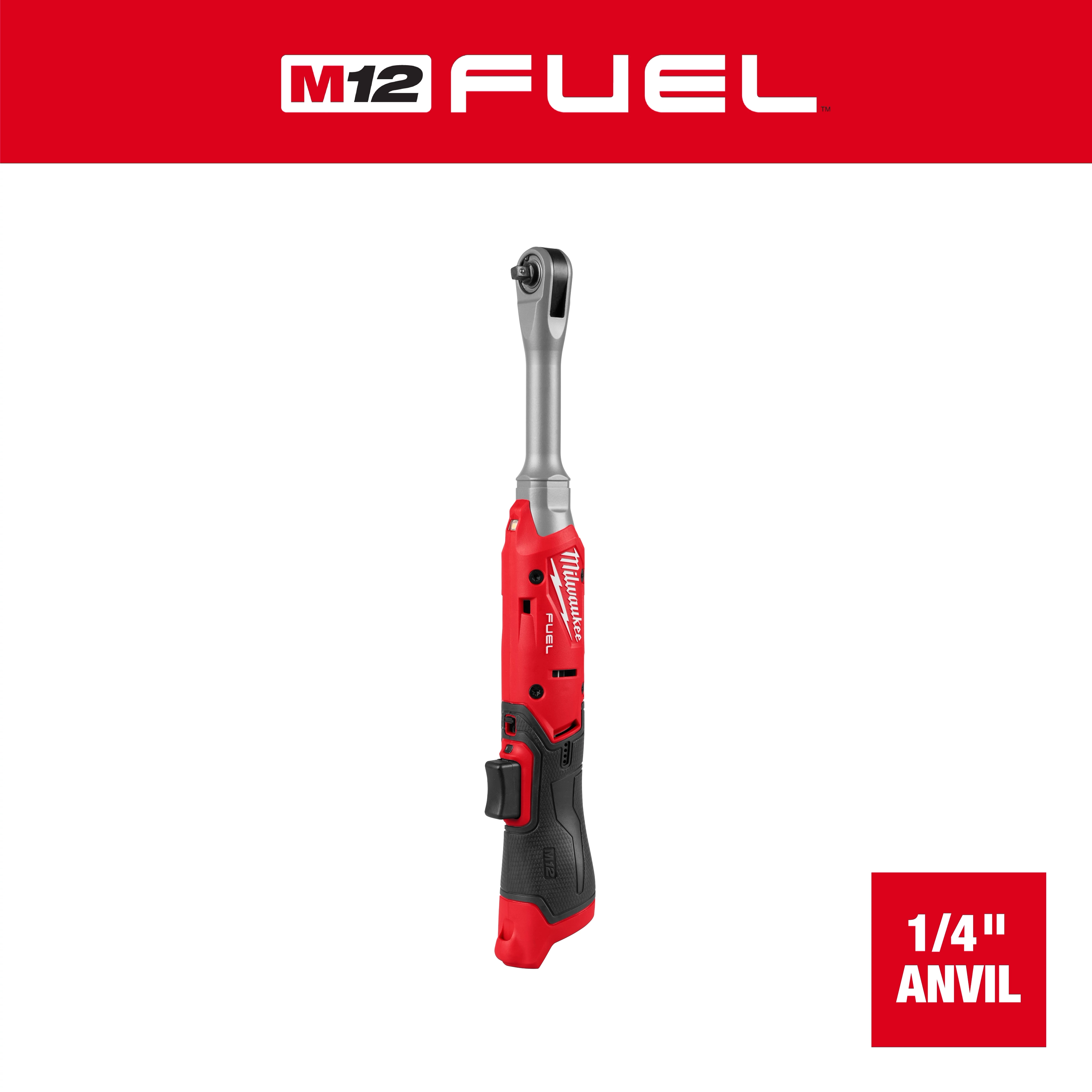 M12 FUEL 1/4" Extended Reach Ratchet standing upright on a plain background with 1/4" anvil text nearby.