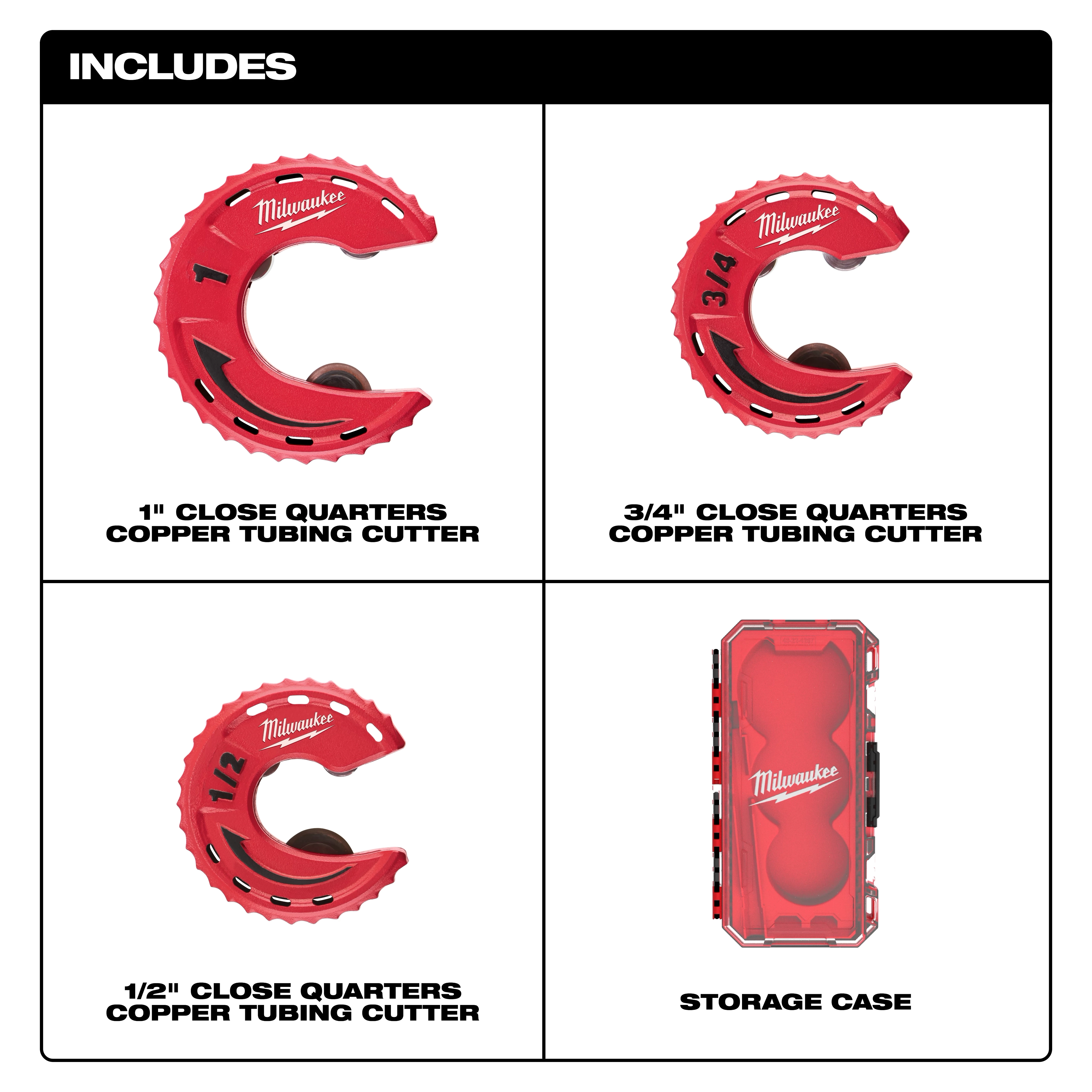An image of a 3pc Close Quarters Tubing Cutter Set, including three copper tubing cutters labeled "1-inch," "3/4-inch," and "1/2-inch" sizes, and a red storage case. The cutters are red with a circular design and black writing.