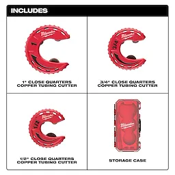 An image of a 3pc Close Quarters Tubing Cutter Set, including three copper tubing cutters labeled "1-inch," "3/4-inch," and "1/2-inch" sizes, and a red storage case. The cutters are red with a circular design and black writing.