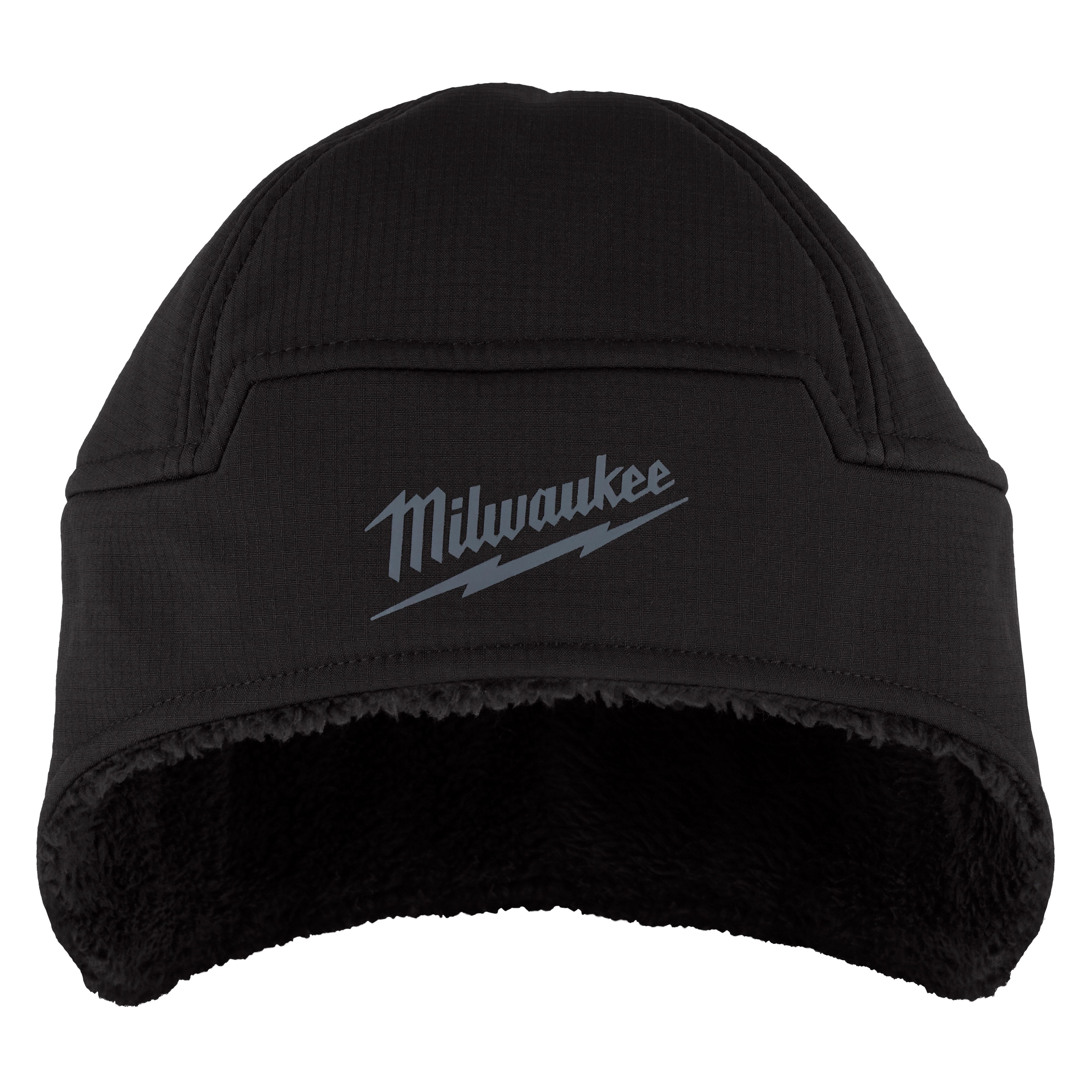 Milwaukee Sherpa-Lined Beanie in black with a gray logo. The beanie features a plush sherpa lining for added warmth.