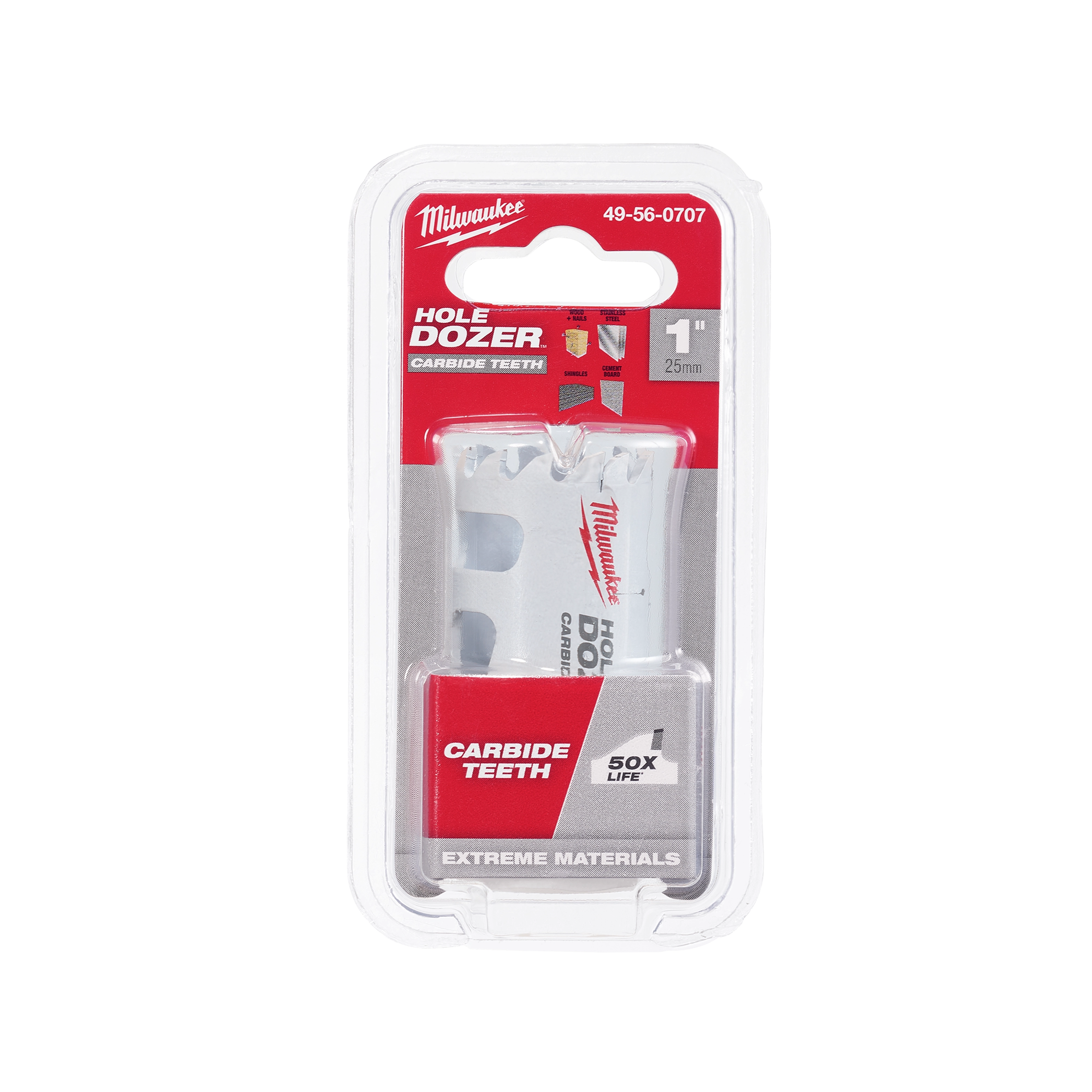 Milwaukee Hole Dozer with carbide teeth, 1 inch (25mm) size, packaged in a clear plastic case for extreme materials cutting.