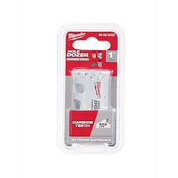 Milwaukee Hole Dozer with carbide teeth, 1 inch (25mm) size, packaged in a clear plastic case for extreme materials cutting.