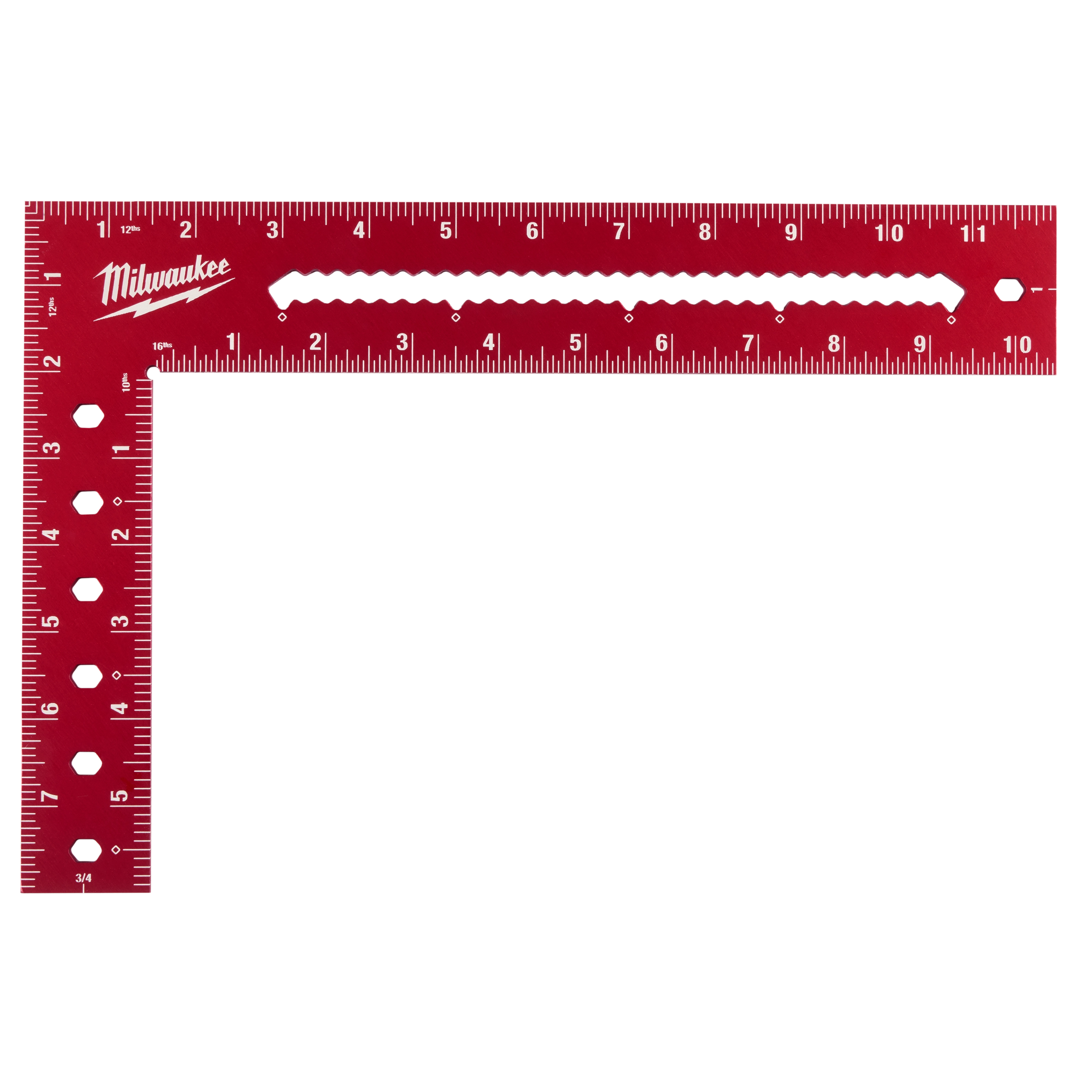 A red 8" x 12" framing square with measurement marks along both arms. The shorter arm has holes for additional utility, while the longer arm features a wavy cut-out pattern. The brand logo is displayed on the shorter arm.