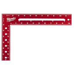A red 8" x 12" framing square with measurement marks along both arms. The shorter arm has holes for additional utility, while the longer arm features a wavy cut-out pattern. The brand logo is displayed on the shorter arm.