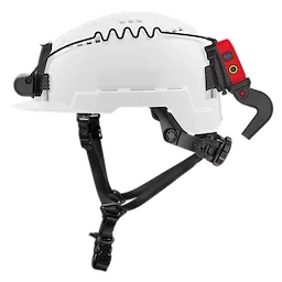 A white hard hat equipped with a BOLT™ REDLITHIUM™ USB Cooling Fan, which has a red unit featuring power buttons and attached securely to the hat. The hat includes black straps and an adjustable chin strap.
