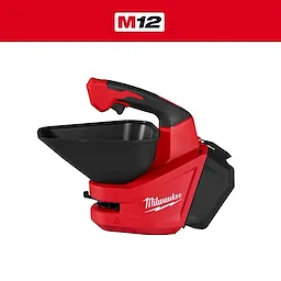 Red and black M12 Handheld Broadcast Spreader with a top hopper and side handle on a plain background.