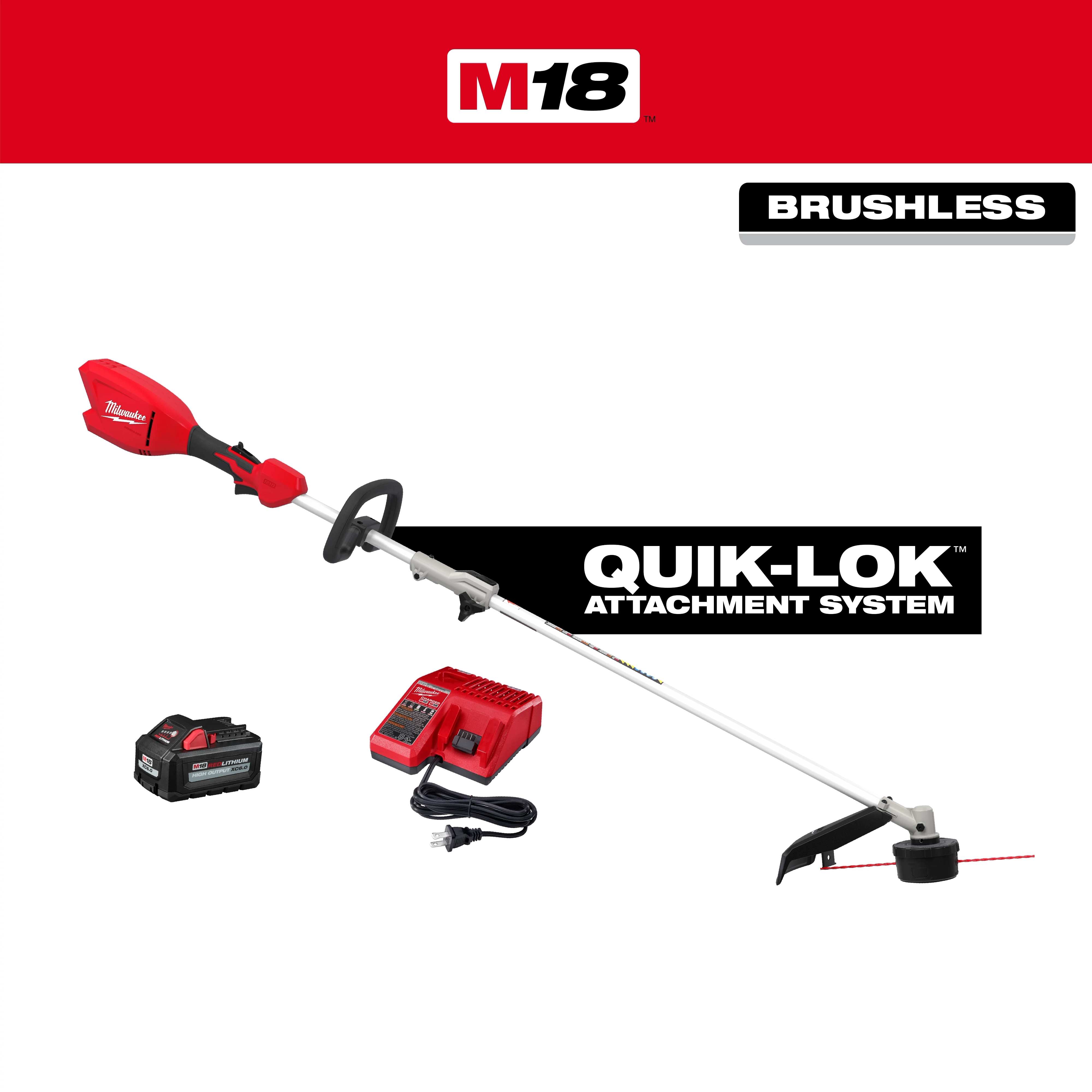M18 QUIK-LOK Brushless 15” String Trimmer Kit with trimmer, battery, charger, and power cord on a plain background.
