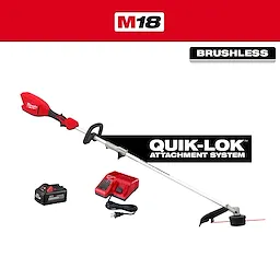 M18 QUIK-LOK Brushless 15” String Trimmer Kit with trimmer, battery, charger, and power cord on a plain background.