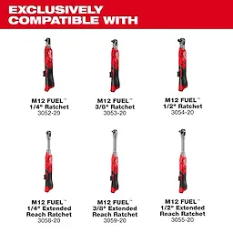 M12 FUEL Ratchet Modular Trigger Cap Kit shown with six compatible M12 FUEL ratchet models on a red background.
