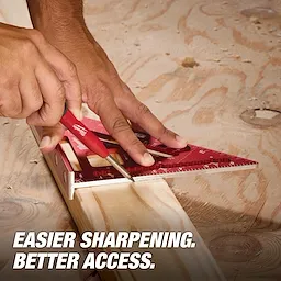 A person marks a piece of wood using a Mechanical Pencil with Lead Pack and a red triangular ruler. Text reads, "Easier Sharpening. Better Access."
