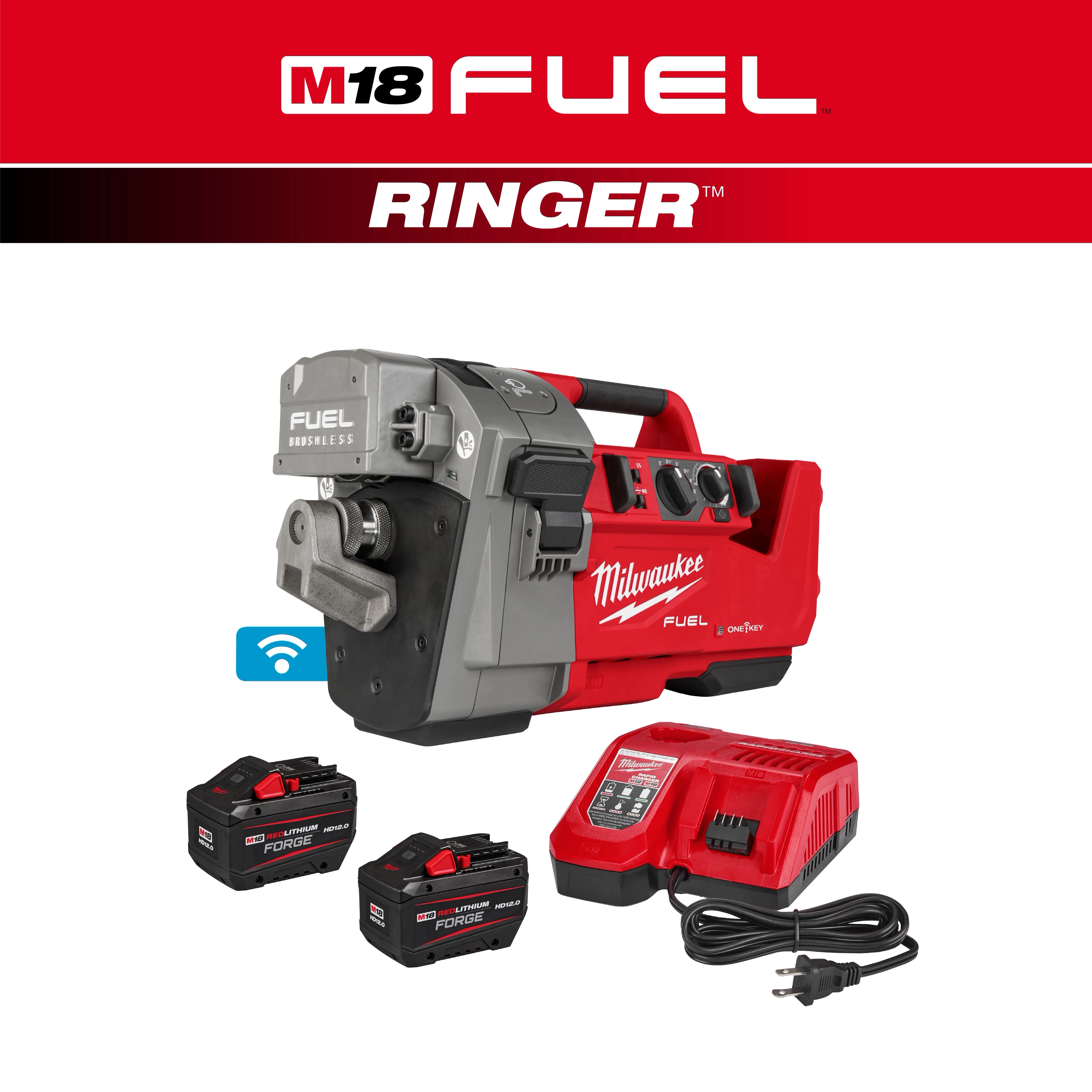 The image shows the M18 FUEL™ RINGER™ Roll Groover for 2” – 6” Sch 10/40 by Milwaukee. Included are the roll groover, two batteries, and a charger, all in red and black colors. The background has the product branding and logo.