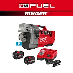 The image shows the M18 FUEL™ RINGER™ Roll Groover for 2” – 6” Sch 10/40 by Milwaukee. Included are the roll groover, two batteries, and a charger, all in red and black colors. The background has the product branding and logo.