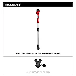 The image shows the M18™ Brushless Stick Transfer Pump and a 3/4" outlet adapter. The pump is long and red with black sections, and the adapter is a Y-shaped black connector. The top of the image has the word "INCLUDES" in white text on a black background.