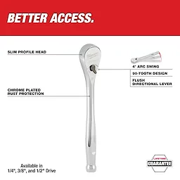 This image features a chrome-plated ratchet wrench with 90-tooth design, 4° arc swing, flush directional lever, and slim profile head for better access. It offers rust protection and is available in 1/4", 3/8", and 1/2" drive sizes, with a lifetime guarantee.