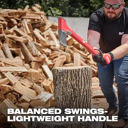 36" Splitting Axe in use, striking a log atop a stump with a pile of chopped wood in the background. Text reads: "Balanced Swings - Lightweight Handle."